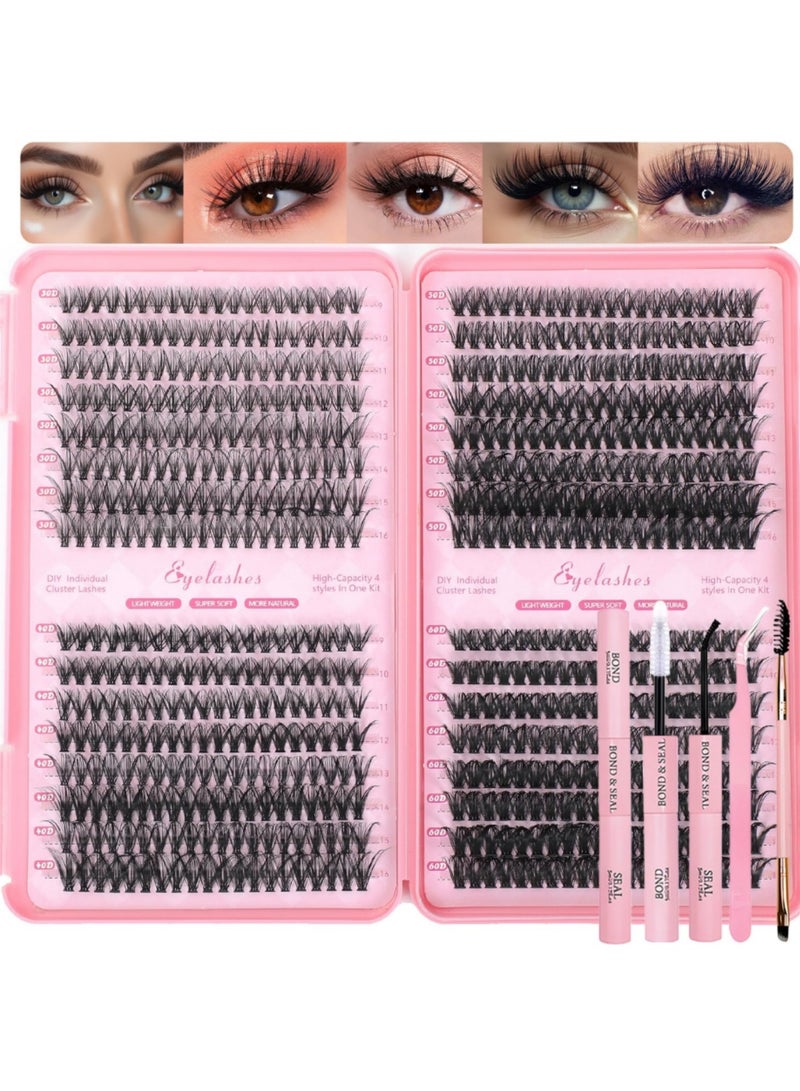 saykfoe Lash Clusters Kit, 640 Pcs Eyelashes Clusters Extensions Kit 9-16mm Individual Lashes D Curl Fluffy Wispy False Eyelashes Thin Band with Bond Seal Tweezers Brush DIY (30D+40D+50D+60D Kit 9-16mm) - Image 1